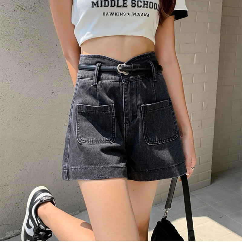 Retro Bandage Designed Women Jean Shorts Summer New High Waist Slim Pockets Wide Leg Denim Shorts Simple Versatile A-Line Shorts