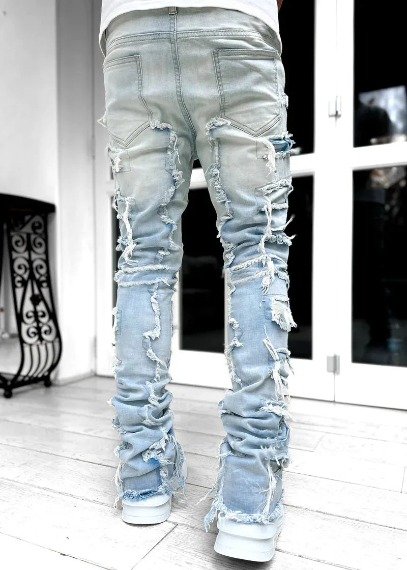 2026 New Men's Denim Straight-Leg Pants, European and American Street Fashion Ins Stretch Patch Denim Straight-Leg Pants