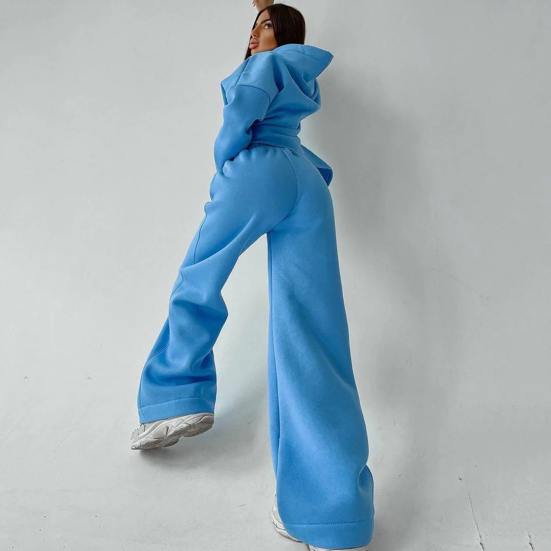 Woman's Solid Color Hooded Sweatshirt Pant Two-piece Set Fashion Long Sleeves Pocket Pullovers Pants Suits Ladies Loose Outfit