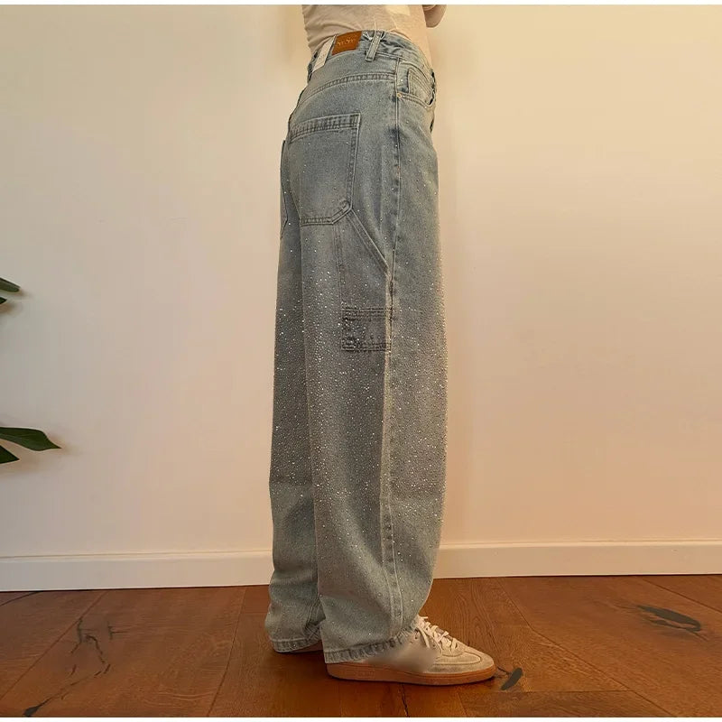 Shiny Rhinestone Baggy Women's Wide Leg Jeans Full Diamond Wide Leg Dragging Denim Pants Vintage Washed Pants Casual Trousers