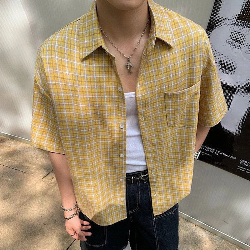 2025 Summer Stylish Short Sleeve Shirt Men's Streetwear Vintage Button-up Turn-down Collar Shirts Trendy Men Plaid Printed Shirt
