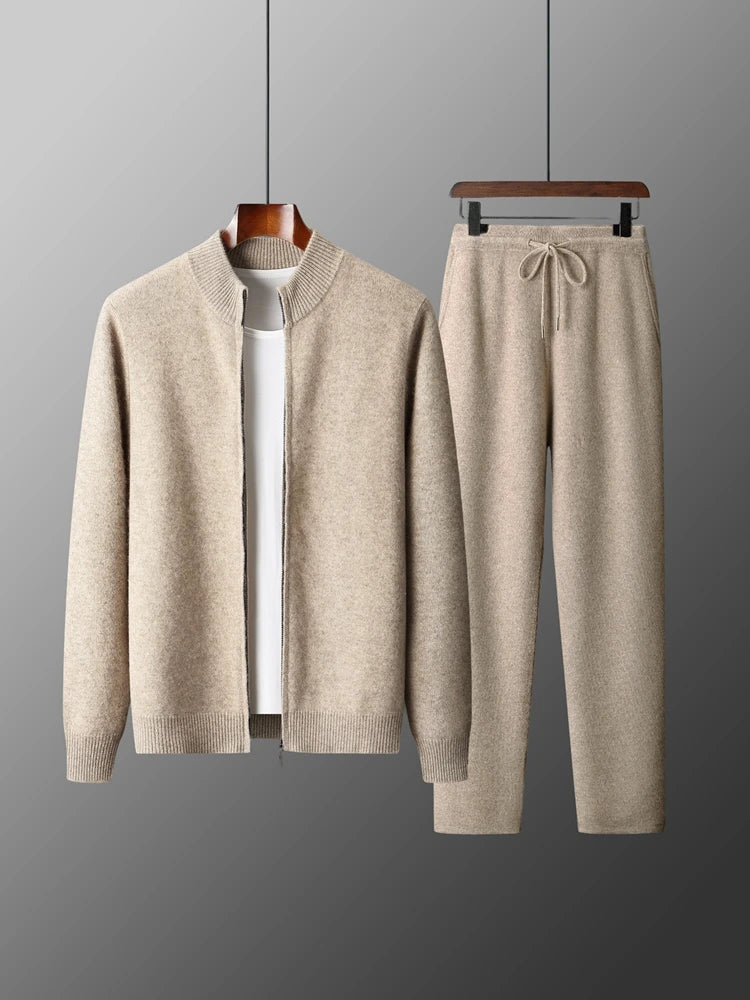 Men's 100% Merino Wool Two-piece Suit Autumn Winter Knitting Zipper Cardigan and Straight-leg Pants Warm Thickened Clothing Sets