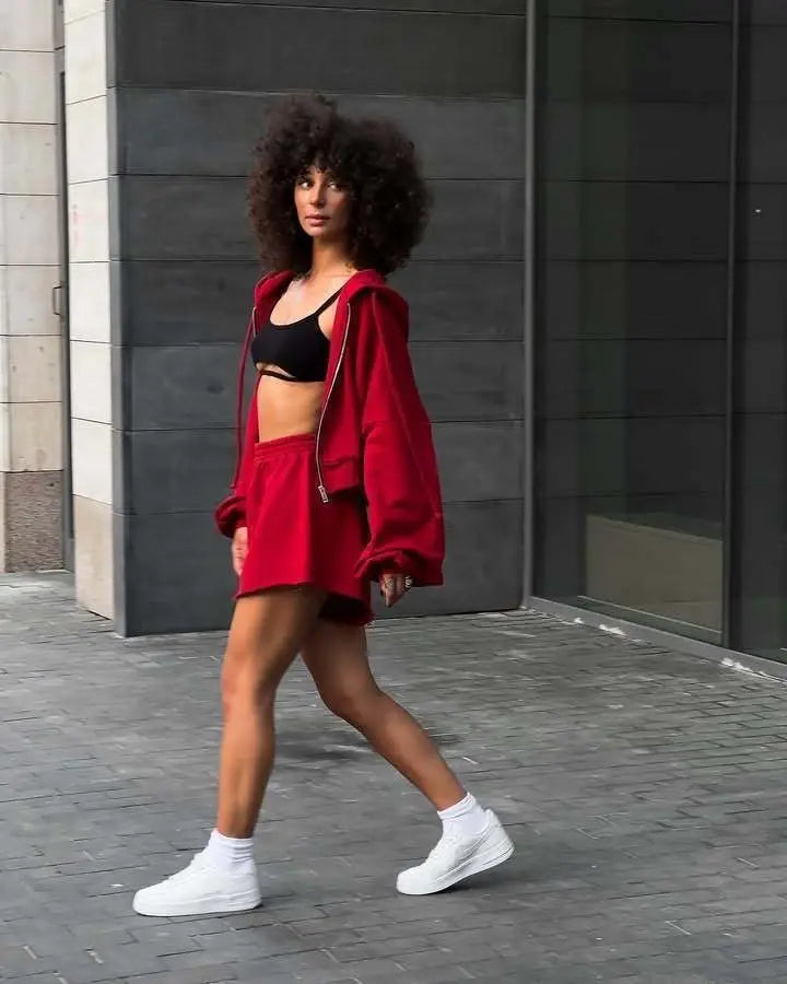 Women's Outfit Long-Sleeve Hooded Drawstring Sweatshirt Shorts Set Two-Piece Sets Sports Suit Sportswear Streetwear Trendy