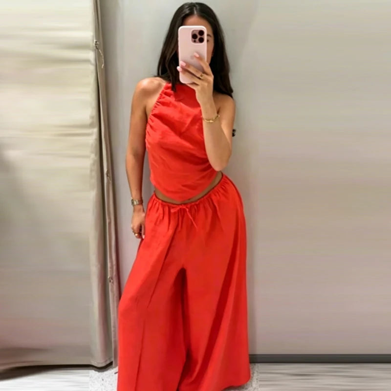 HXAO Red Ruffled Pants Sets Women's Suit Halter Crop Backless Sleeveless Top 2 Piece Set Chic High Waist Baggy Trousers Outfits