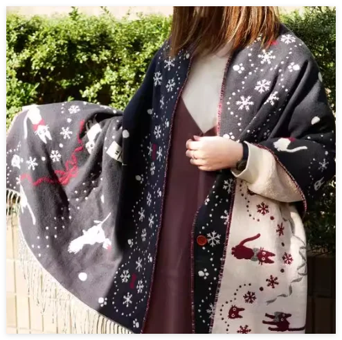 Niche Design Scarf Shawl Fashionable Versatile Cute Cartoon Thickened Double-sided Winter Warm Button Scarf Girls Dual-purpose