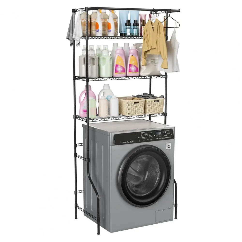 Washing Machine Shelf 3 Tiers Storage Rack Adjustable Height Metal Freestanding Clothes Drying Rack with Hanger Rod & Hooks