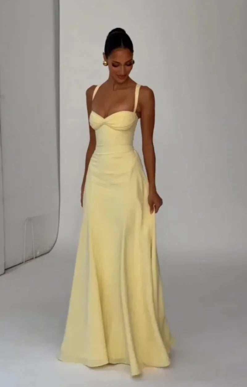 Women Yellow Low Cut Backless High Waisted Dress Lace Up Sleeveless Waist Cincher Spaghetti Strap Vestidos Party Club Women Robe