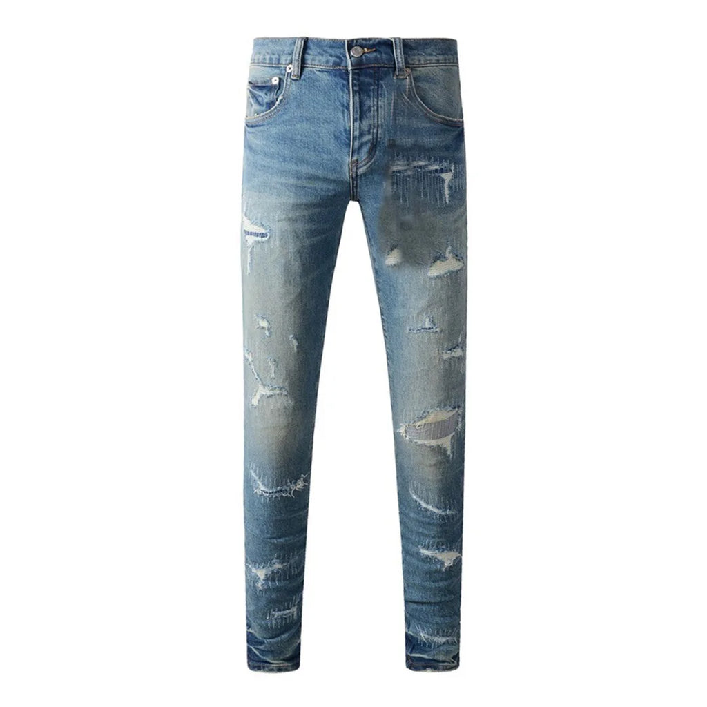 High Street American Distressed Men's Jeans Fashion Brand Coated Blank Stretch Skinny Button Fly Ripped Pants Trousers