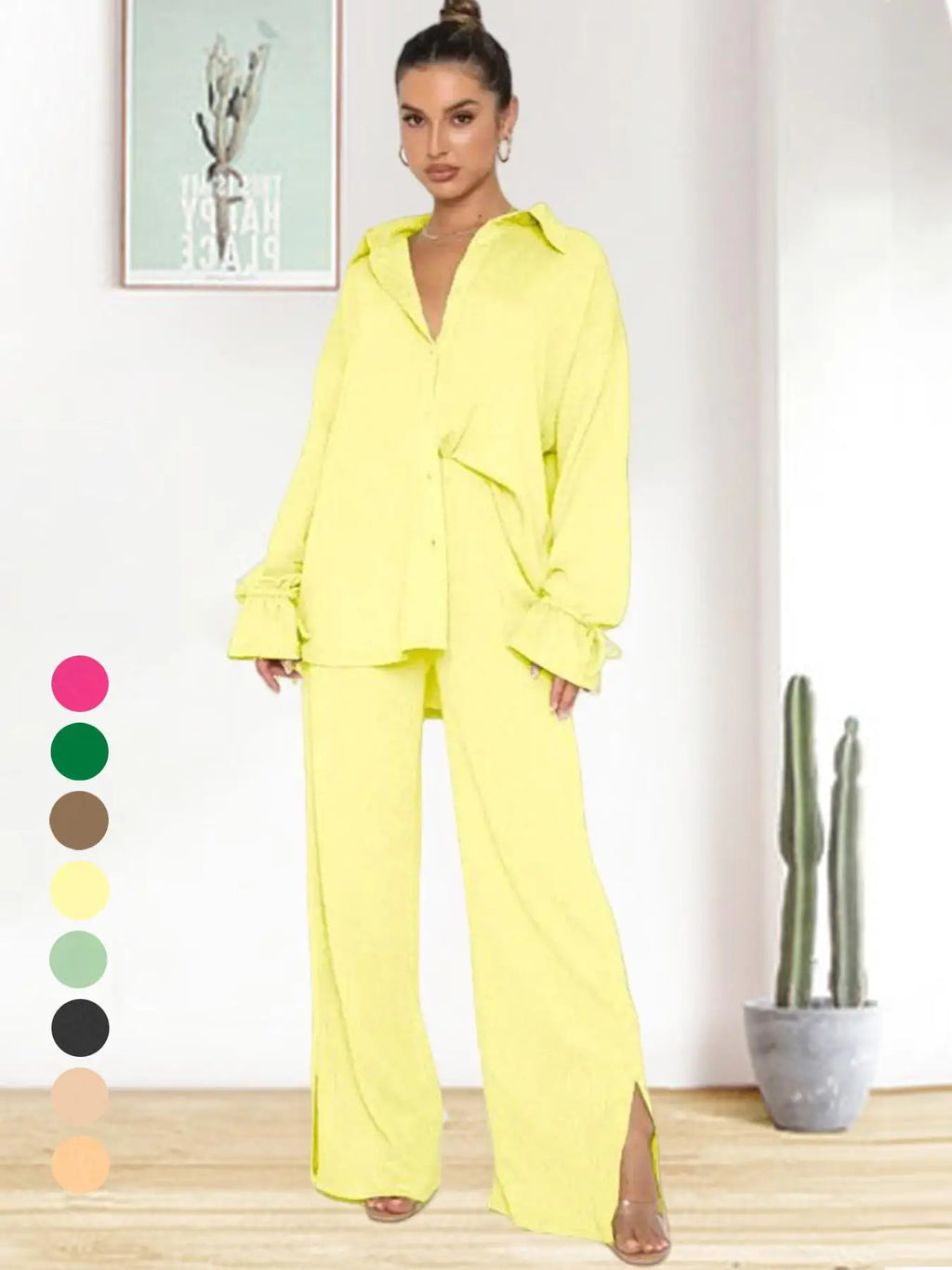 2026 SPRING SUMMER WOMEN'S SOLID COLOR TWO-PIECE SET, RUFFLE SLEEVE SHIRT MATCHED WITH SLIT PANTS, COMFY OUTFIT FOR DAILY CASUAL