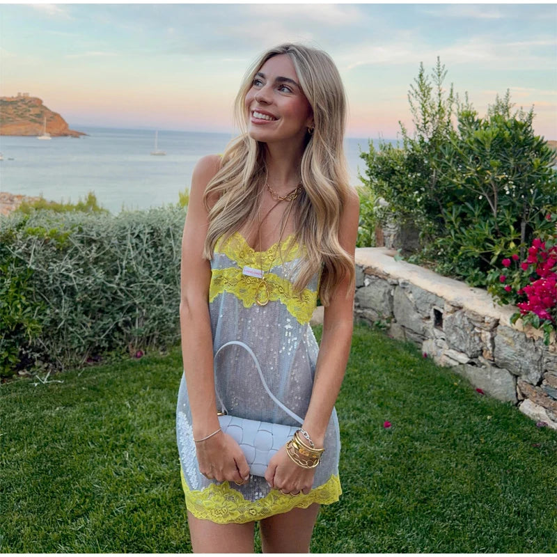 Women's Sexy Sequin Backless Short Dress High Waist Sleeveless Bodycon Mini Dresses 2026 Beach Vacation Party Club Outfits