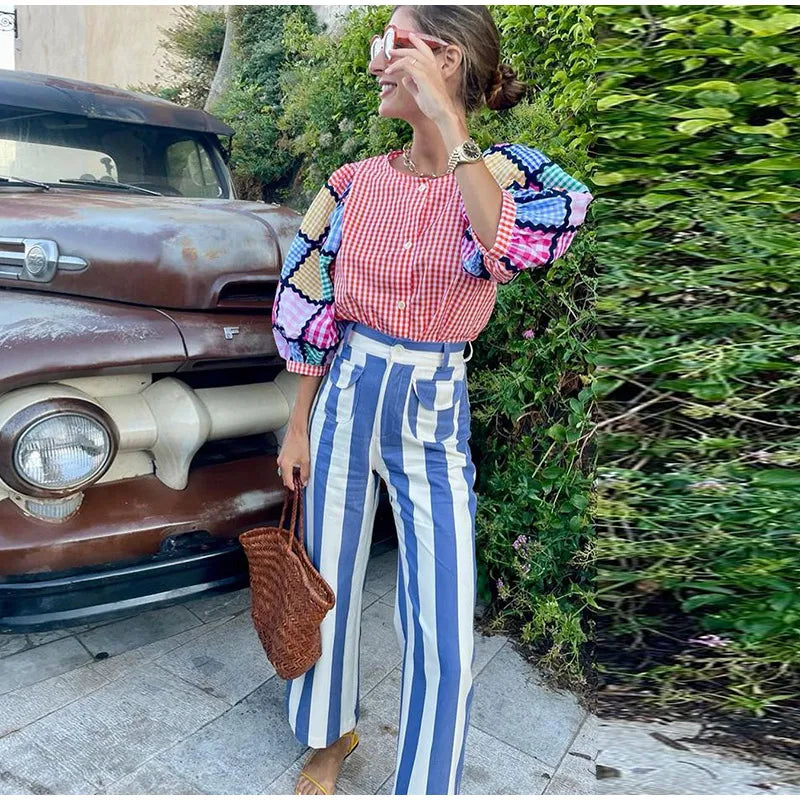 Striped Zipper High-Waisted Trousers Slim Fit Flare Leg Double Pocket 2026 Summer Casual Women Bottom Fashion Chic Lady Pants