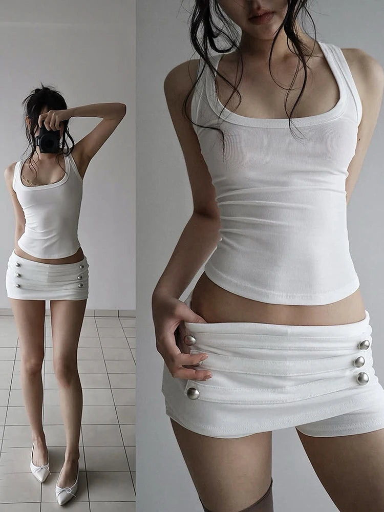 Nibber High Elasticity Hottie Double-Breasted Decoration Short Women Folds Elastic Waist Midnight 2026 Summer Fashion Streetwear