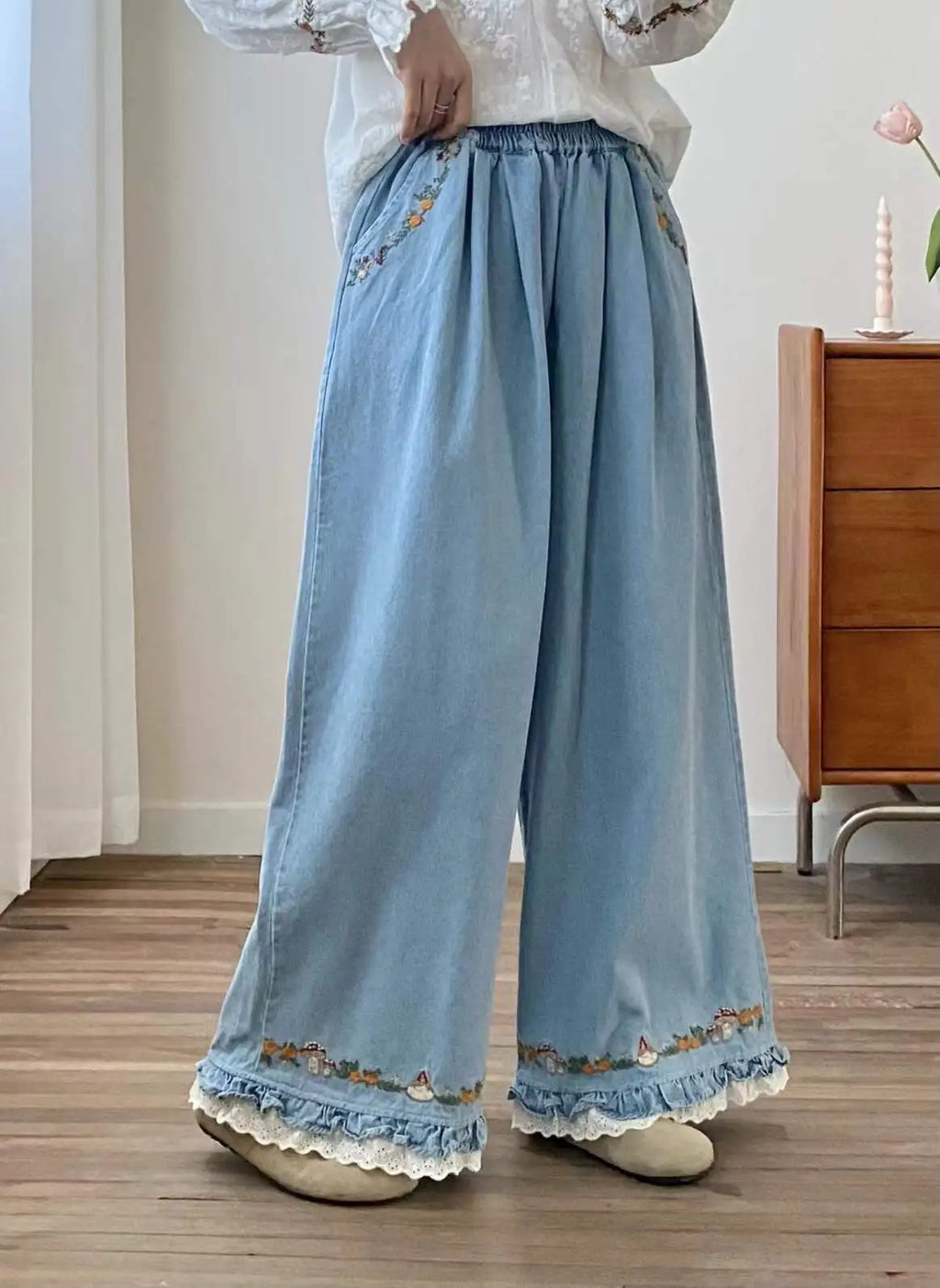 New 2025 Fall Cotton Denim Trousers, Women Elastic Waist Embroidery Ruffles, Mori Girl French Retro Chic Wide Leg Jeans B59422CC