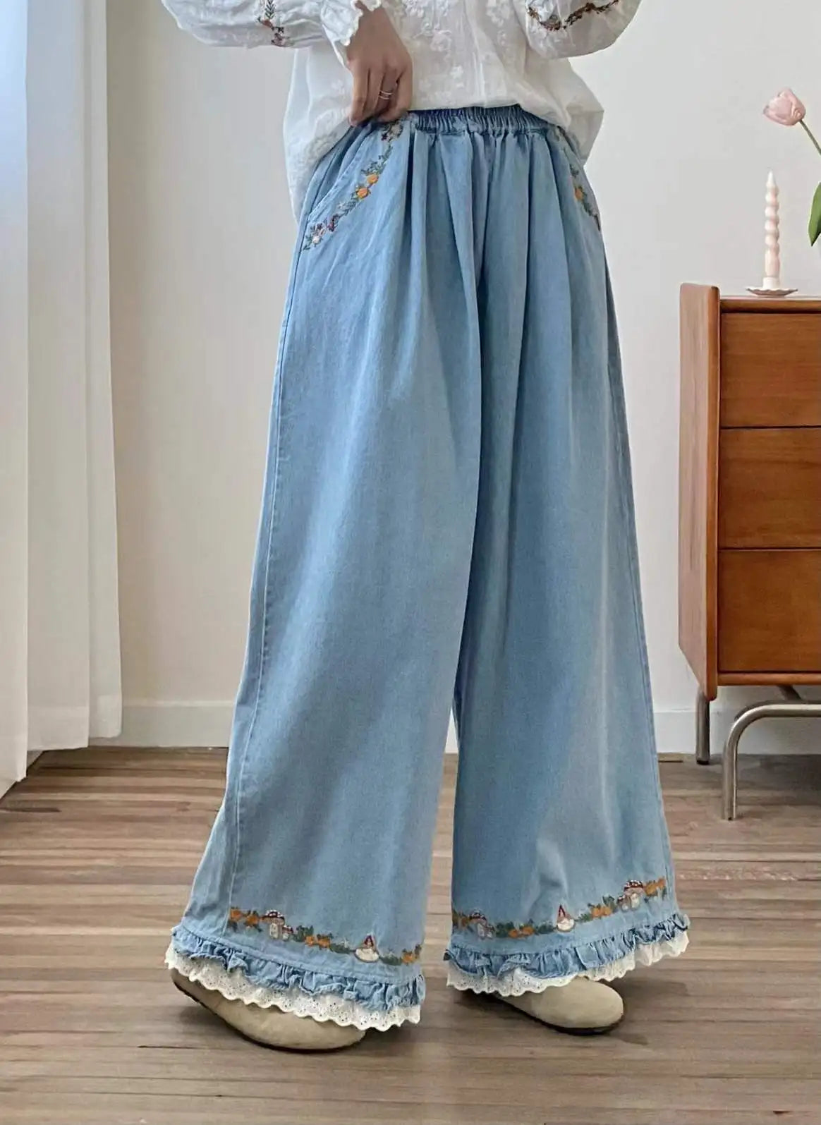 New 2025 Fall Cotton Denim Trousers, Women Elastic Waist Embroidery Ruffles, Mori Girl French Retro Chic Wide Leg Jeans B59422CC
