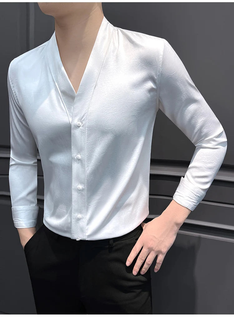 High-End Casual Shirts Men 2025 Spring British Style Slim Fit V-neck Shirt Long Sleeve Business Social Wear Men Clothing