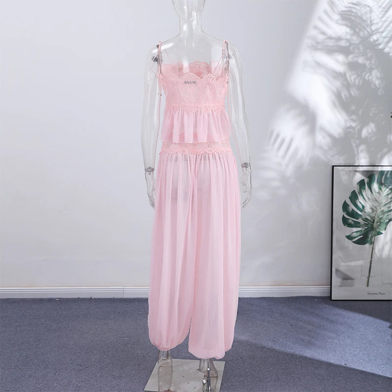Lace Women Two Piece Set Camisole Tank Top See Through Wide Leg Jogger Pants Stylish Two Piece Outfit Lace Trim Detail  Fashion