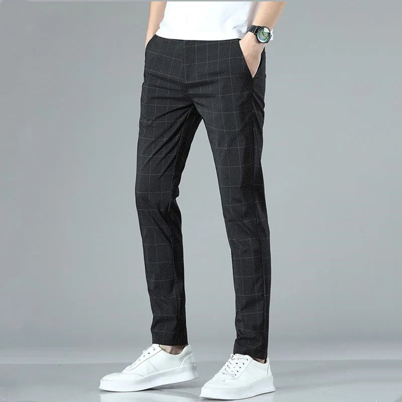 2025 Spring/Summer Men's Elastic Slimming Straight Leg Casual Pants Fashion Breathable Grid Design Sports Pants