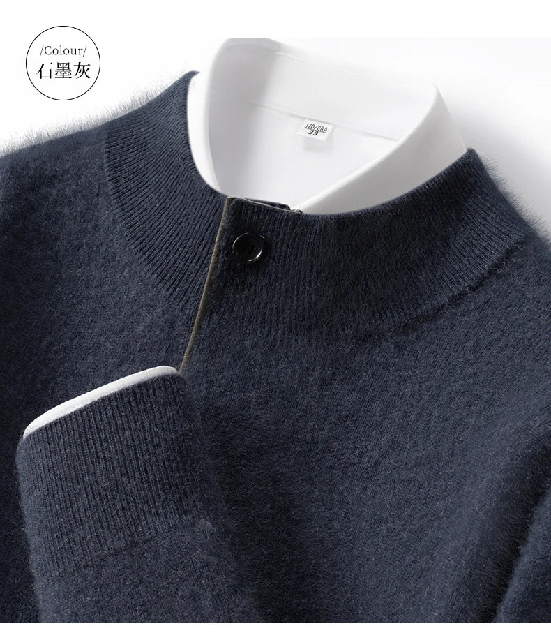 Autumn Winter New Men's Half High Collar Pullover 100% Cashmere Knitted Sweater Casual Business Solid Color Long Sleeve Clothing