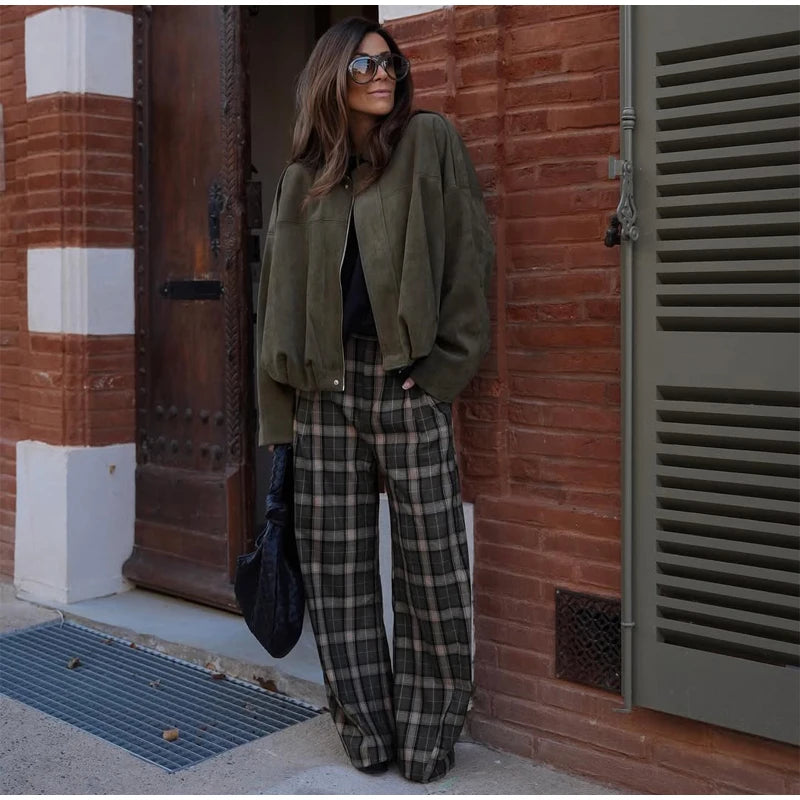 Chic Green Plaid Print Loose Pants Women Casual High Waist Straight Wide Leg Trousers Party Daily Classic Attire 2026 Spring