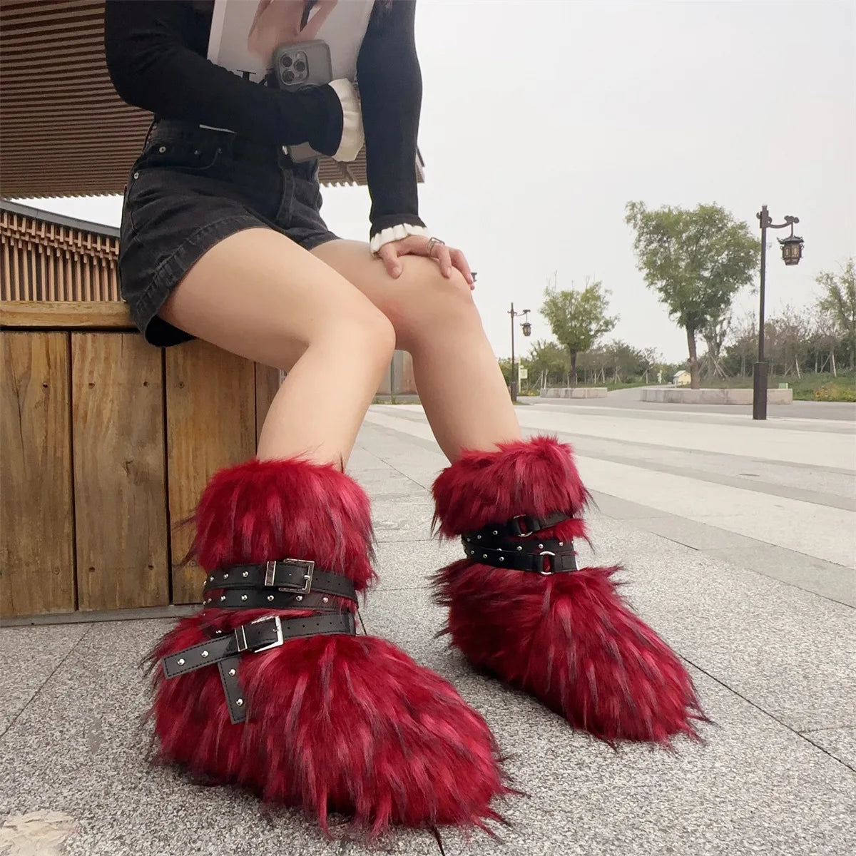 Winter Fur New Design Onepiece Raccoon FurFemale Snow Boots Fur shoes OutdoorMid Leg Boots y2k Cool Pink Girl