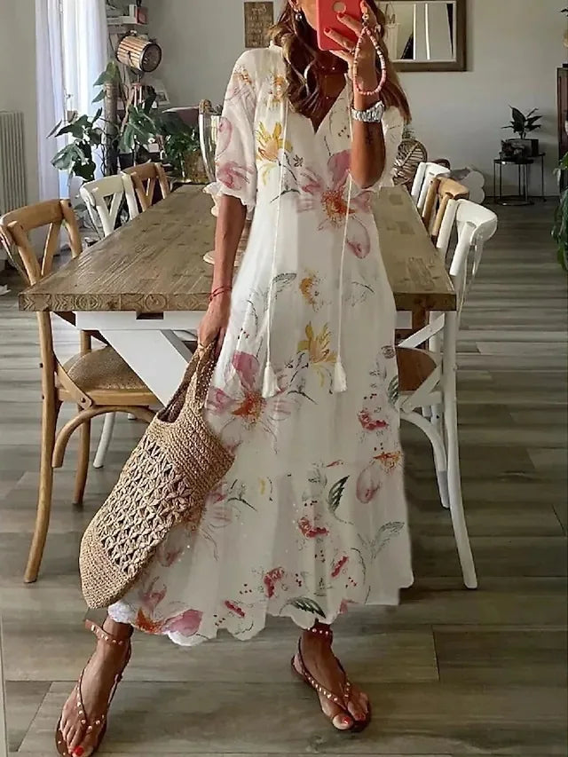 FALL Summer New 2026 Women's Casual Sweet Loose Sexy V-neck Drawstring Fashionable Printed Long Sleeved Boho Bohemian Dresses