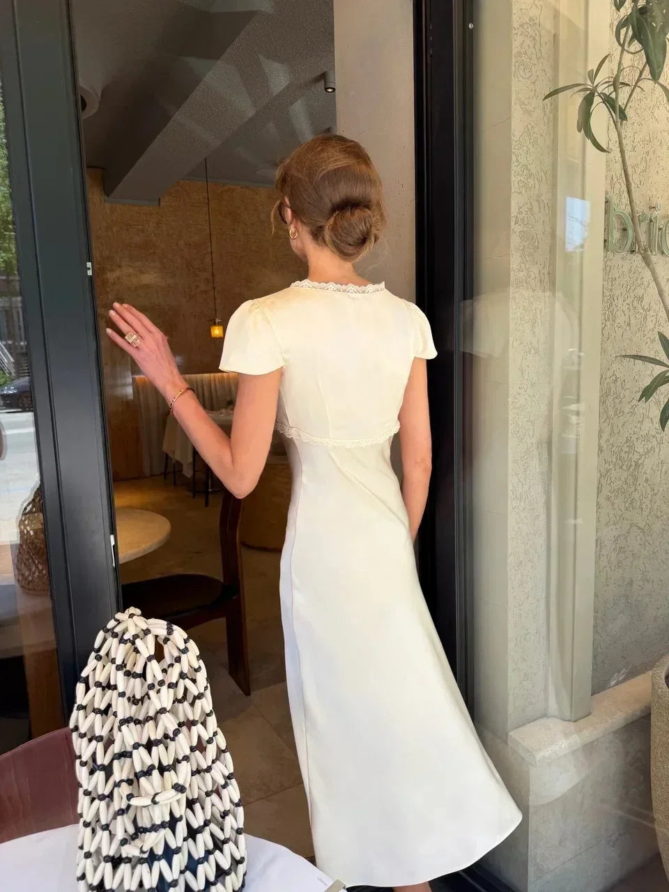 Women Elegant Satin Lace Trim Midi Dress Solid Lace Patchwork Short Sleeve V-neck Summer Dresses 2026 Summer New Holiday Robes