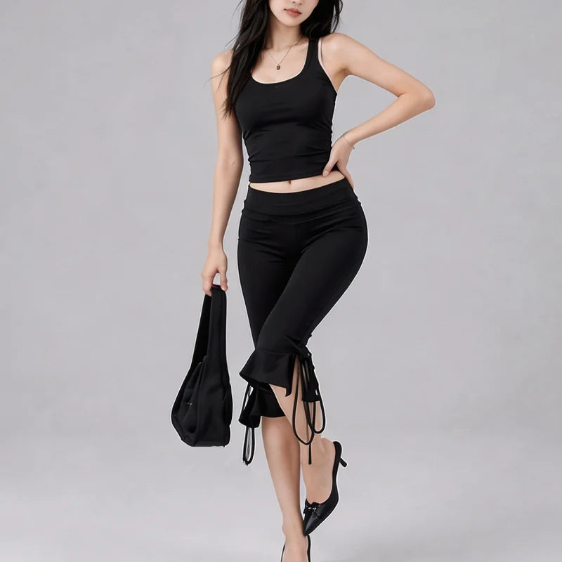 Women Black Slim Mid Waist Capri Pants Drawstring Ruffle Hem Casual Streetwear Summer Lounge Daily Going Out Comfy Wear