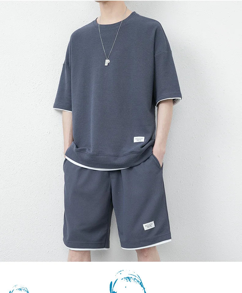 Summer Solid Waffle Tracksuits 2026 Men's Short Sleeve Shorts Casual Two Piece Sets Loose Breathable Men Clothes Joggers Outfits