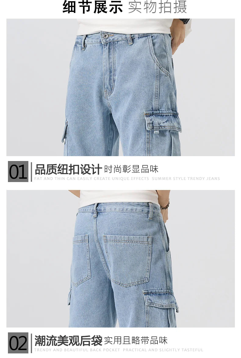 Men's Fashion Cargo Denim Shorts Summer Streetwear Multi-Pocket Casual Knee Length Stretch Five-Point Jeans Shorts Male Trendy