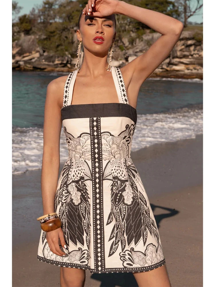 2026 Summer Fashion New Women's Elegant Design Printed Dress Strap Vacation Storm Simia Temperament Short A-line Dress