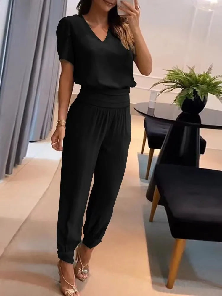 2025 New Long Pant Sets Summer Fashion Casual V-neck Print Short Sleeve Trousers Suit Two-piece Set 2 Piece Sets Women Outfit