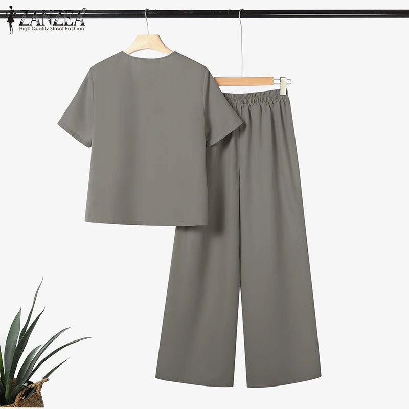 Fashion Summer 2PCS Outfits ZANZEA Women Pant Sets Short Sleeve Buttons Tops Suit Casual Solid Work OL Tracksuits Matching Sets