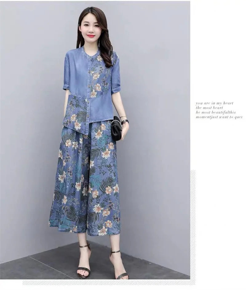 Ethnic Style Denim Wide Leg Pants Sets For Women Spring Summer NEW Embroidery Cowboy Jacket +Jeans Pants Suits Female Outfits