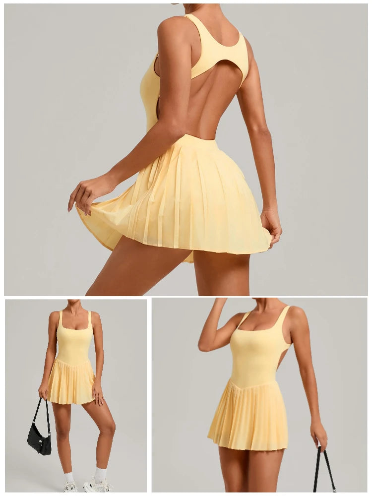 VITALINOVO Workout Tennis Dress with Built in Shorts Square Neck Padded Workout Dress with Pockets Golf Athletic Mini Dresses