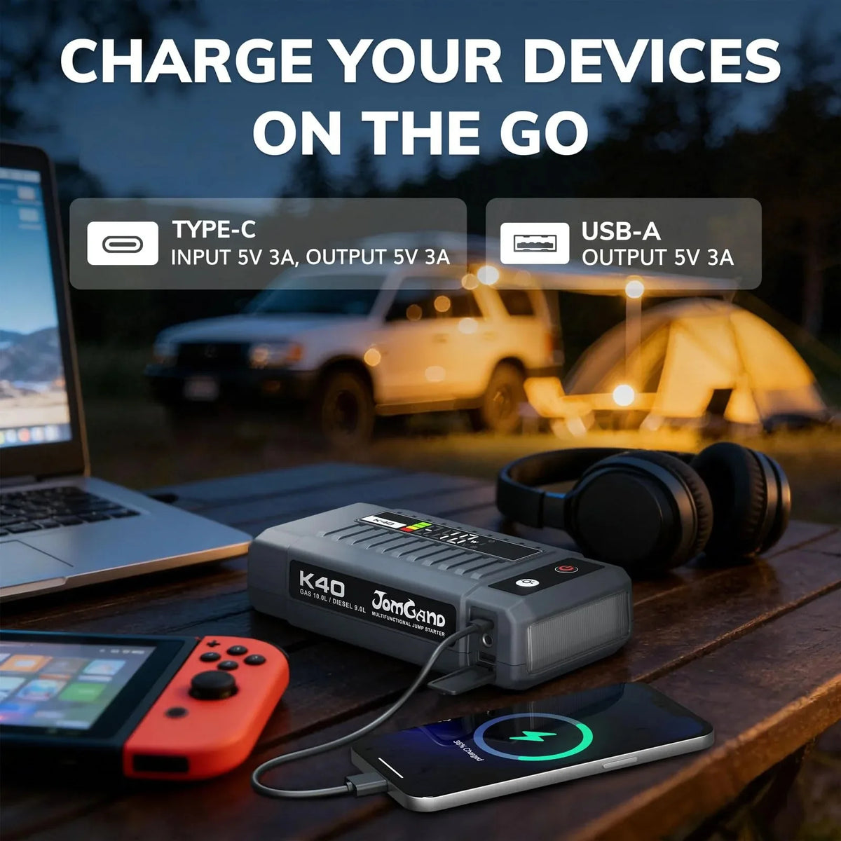 K40 5000A Portable Car Battery Jump Starter Pack for Up to 10.0L Gas and 9.0L Diesel Engines with Smart LED Display
