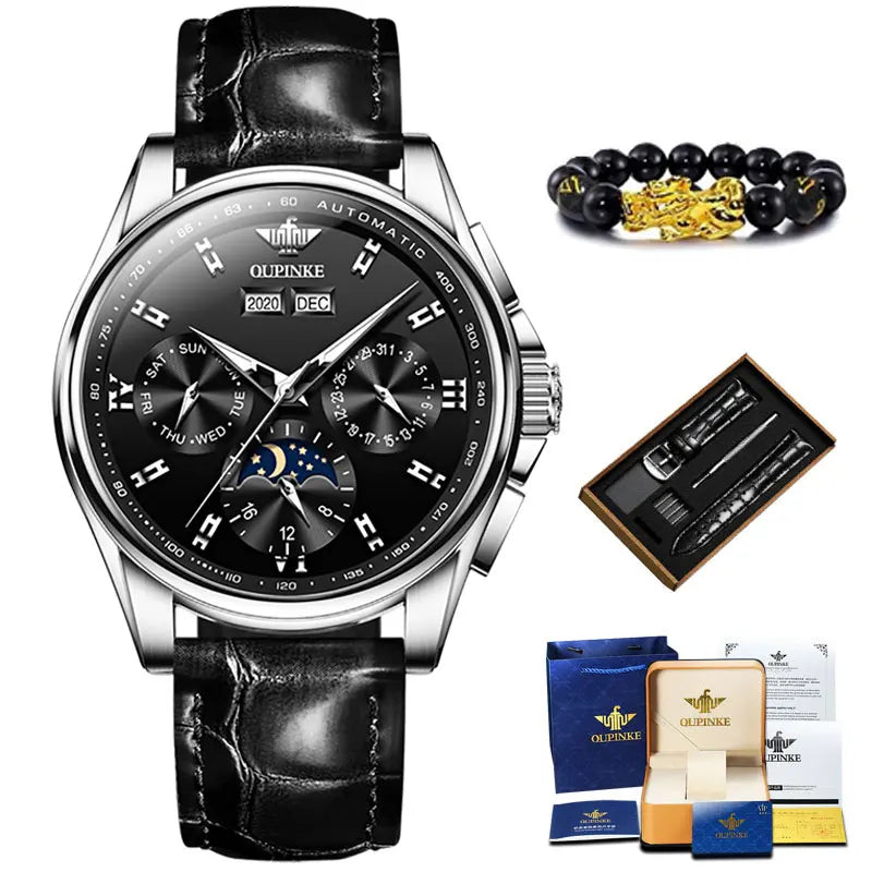 OUPINKE Top Men's Automatic Mechanical Wrist Watch Leather Strap Luxury Business Multi functional Lunar Phase Dial Reloj Hombre