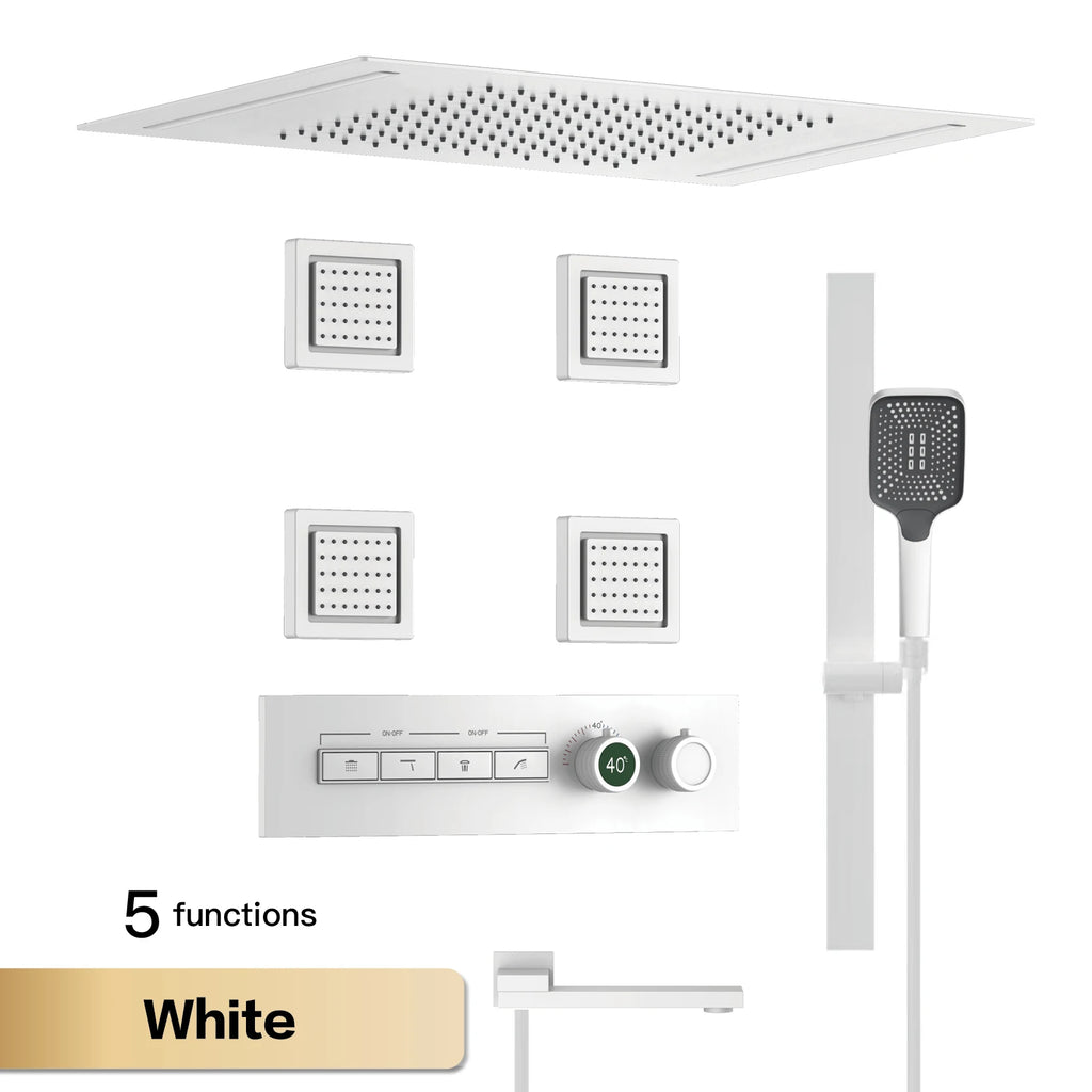 Luxury Gun Grey Brass Thermostatic Shower System Ceiling-Embedded Rainfall&Waterfall Outlet with LED Display Bathroom Mixer Tap