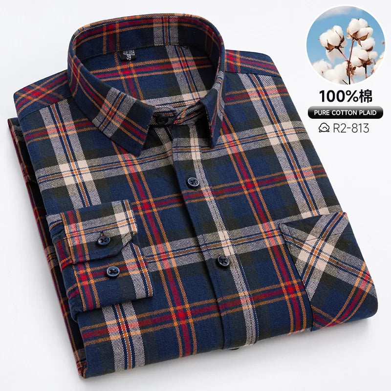 Classic Retro Plaid Flannel Shirt Long Sleeve 100% Cotton Fashion Casual Soft Spring Autumn Winter Standard Pocket Men's Shirt