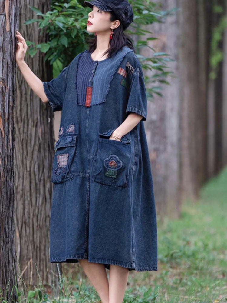 Amax LuluE Spring Womens Fashion Korean Design Denim Dress 2026 Vintage Loose Patchwork Vestidos Females Casual Classic Clothes