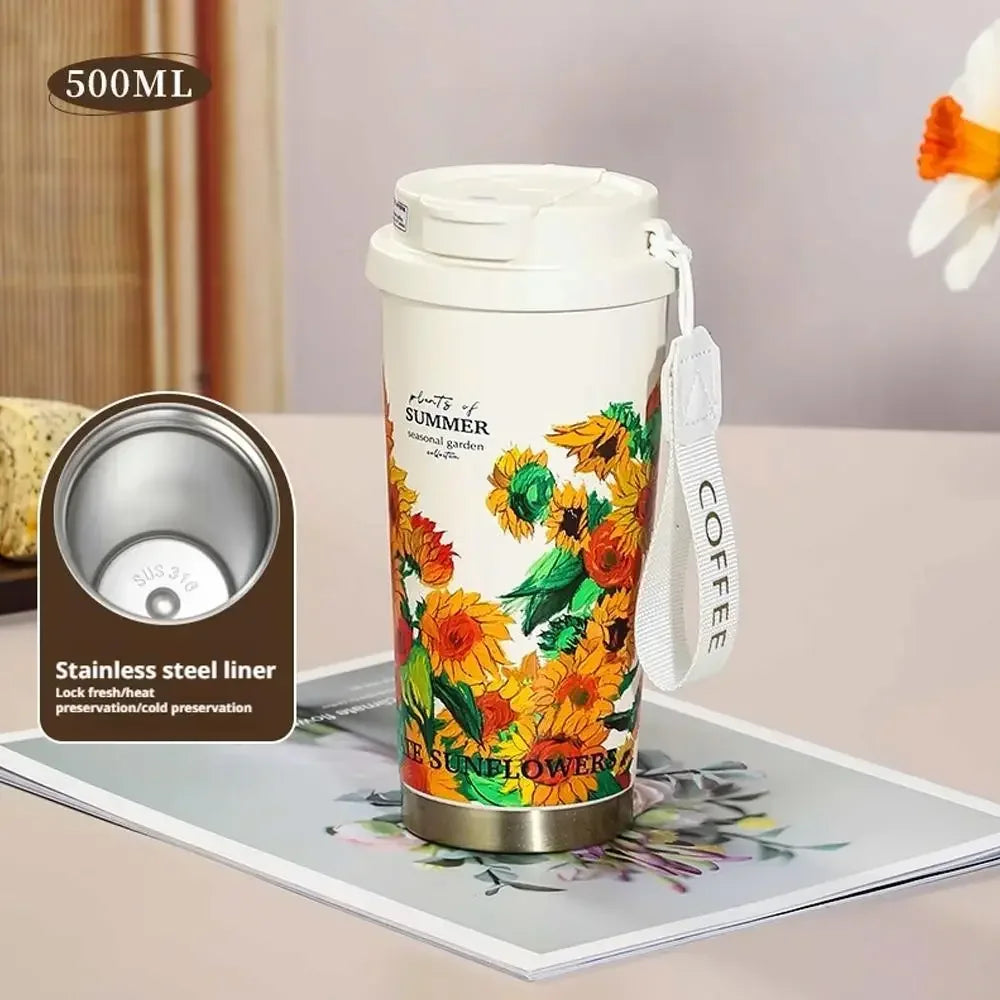 500ml vintage coffee cup sunflower women's cup portable travel cup leak proof double wall insulated cup vacuum drum