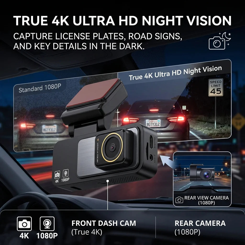 Dash Cam Dual Lens 4K UHD Recording Car DVR GPS WDR Night Vision Video Recorder Wi-Fi Room Black Box 1080P Rear View Camera