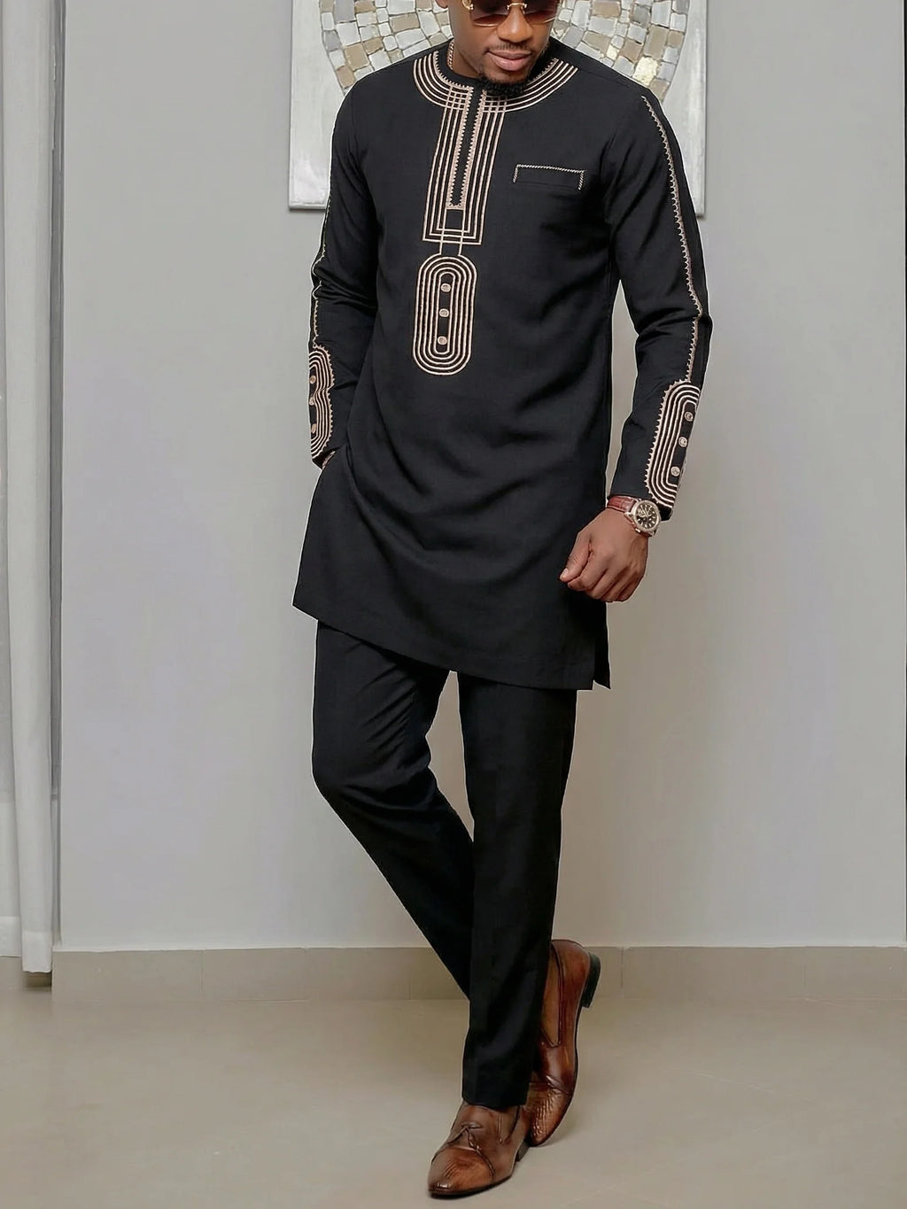 White Kaftan Men's Suit Embroidery Floral Top Pants Kaunda Suit African Casual Outfits Wear Traditional 2PCS Set Wedding Tuxedo