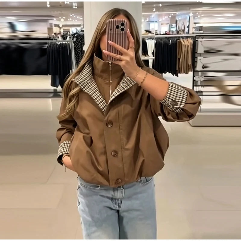 Elegant Plaid Patchwork Women's Jacket Loose Full Sleeve Stand Collar Single Breasted Outwear Female 2026 Fashion Autumn Outwear