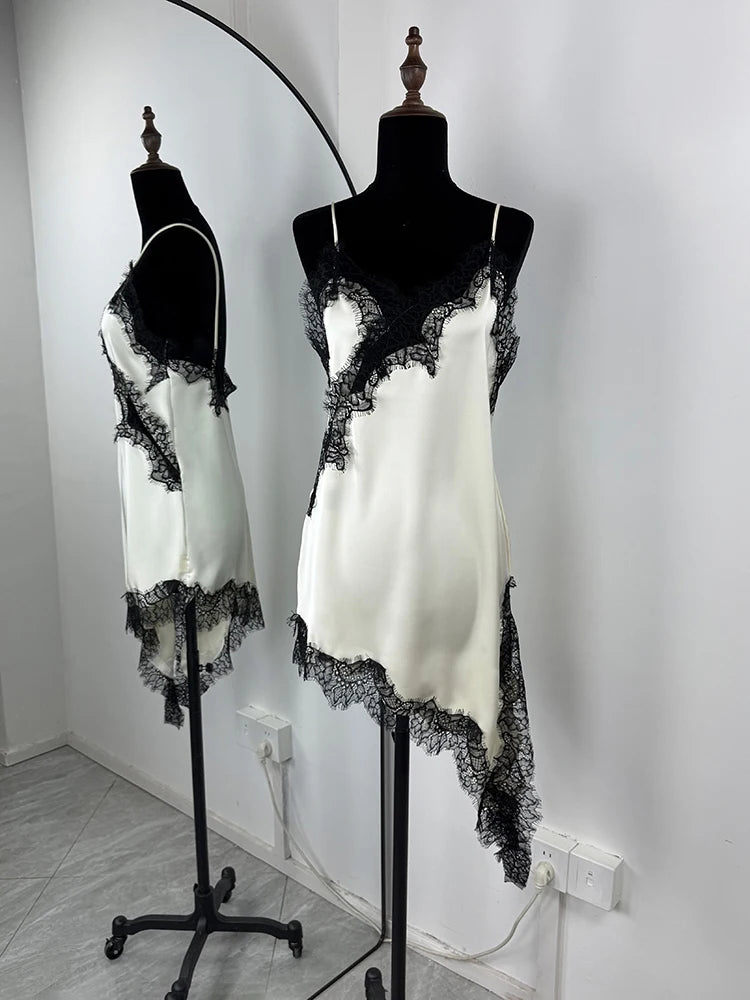 Tuularose Women's Lace Spaghetti Strap Dress Sexy Sleeveless Lace Patchwork Asymmetrical Dress Summer Party Looks Elegant Dress