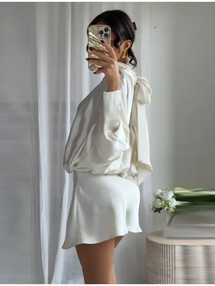 Elegant Satin Mini Dress For Women Fashion Scarf Collar Batwing Sleeve Waist Dress Lady 2025 Autumn Chic Party Evening Vestidos