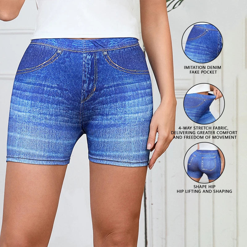 Denim Print Leggings Shorts for Women High Waist Stretchy Yoga Shorts Casual Workout Fitness Running Cycling Shorts for Summer