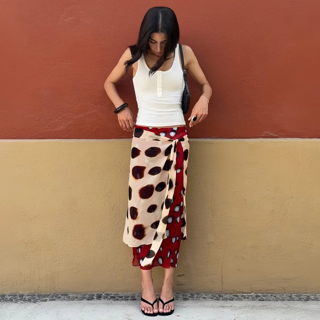 Bohemian Contrast Polka Dot Wrap Skirt Women Vintage Tie Waist Lace Up Chiffon Midi Skirts Coffee Dating Night Out Wear 2026 New
