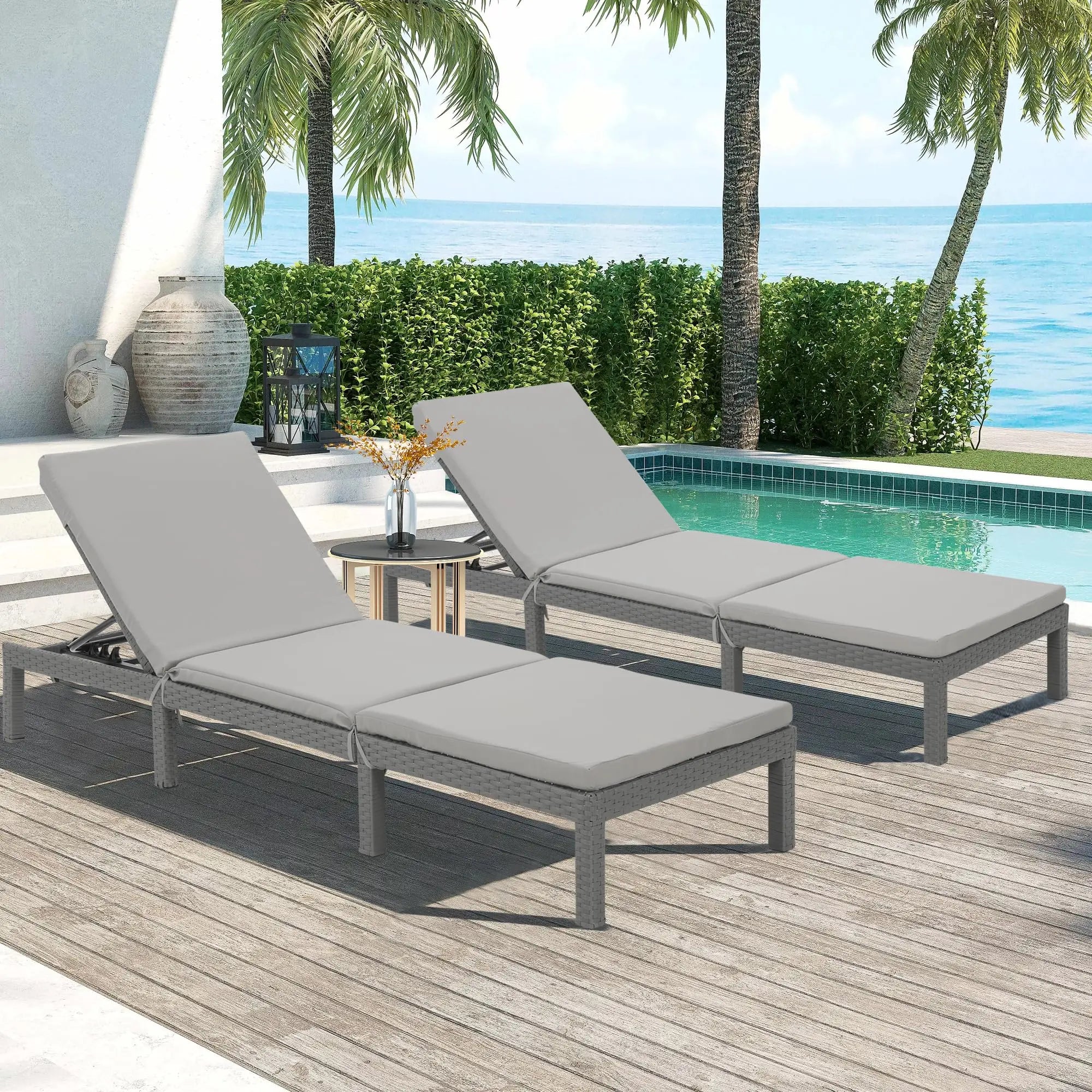 Outdoor Rattan Chaise Loungers with Adjustable Cushion Backrest Pool Terrace Deck