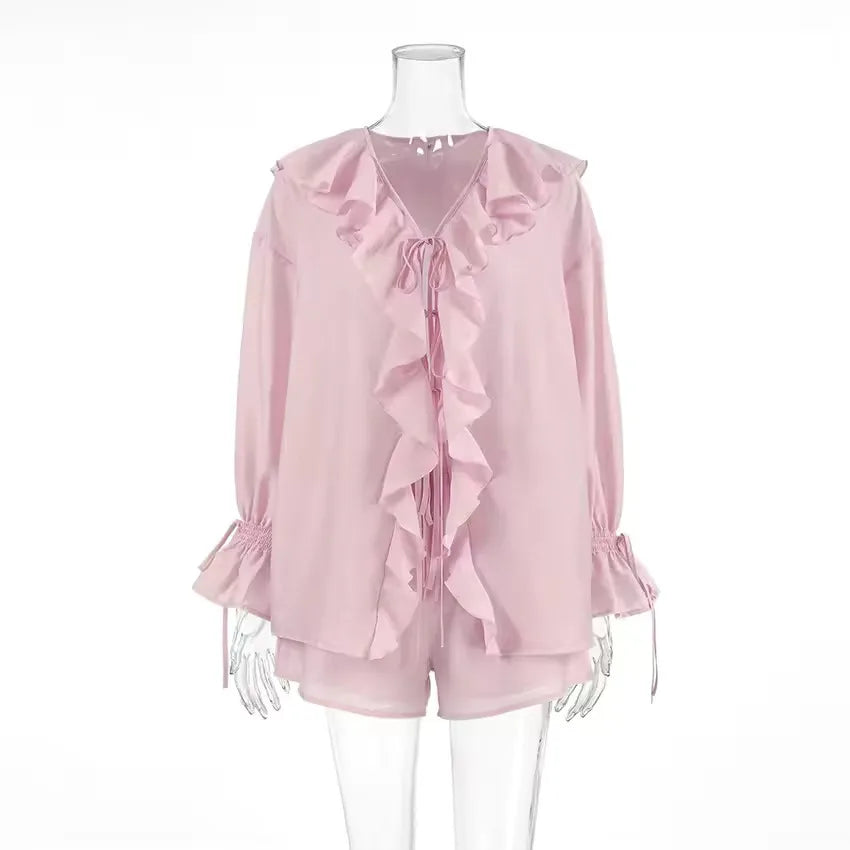 New Casual Shorts Two-piece Set For Women Ruffled Loose Lace-up Top Simple Shorts Suit Office Ladies Summer Women's Shorts Suit