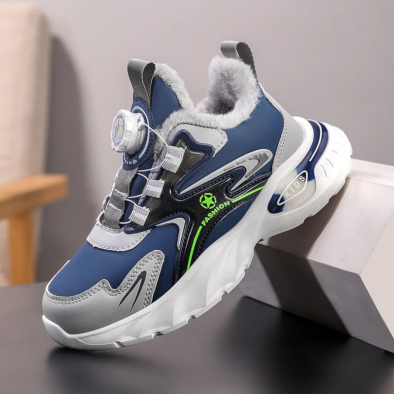 Children Sports Shoes Winter Plush Outdoor Warm Soft Comfort Boy Running Shoes Fashion Rotary Buckle Anti Slip Kids Tennis Shoes